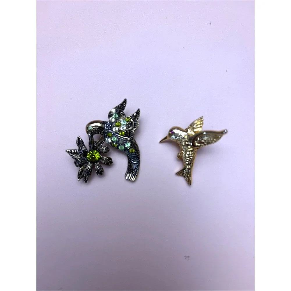 Vintage Rhinestone Pin Brooch Lot Hummingbird Gold tone Green